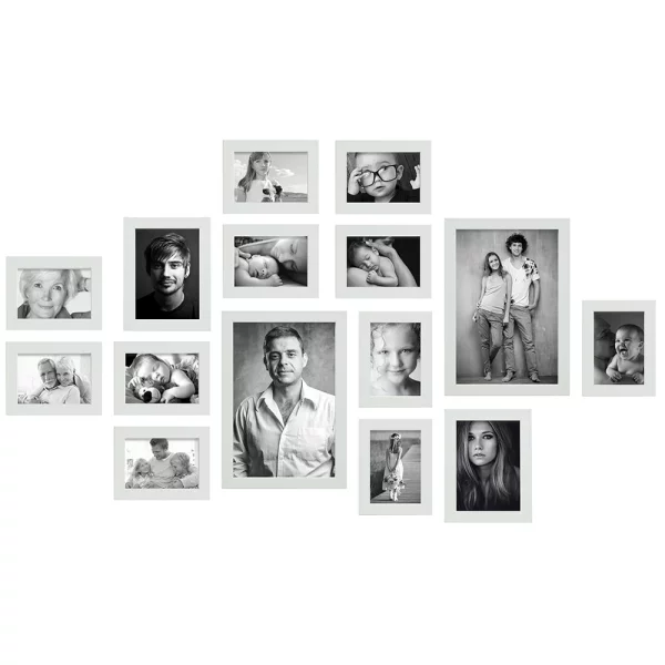 Galerie murale, 15 cadres avec règle pratique pour le montage blanc | verre standard (2 mm)