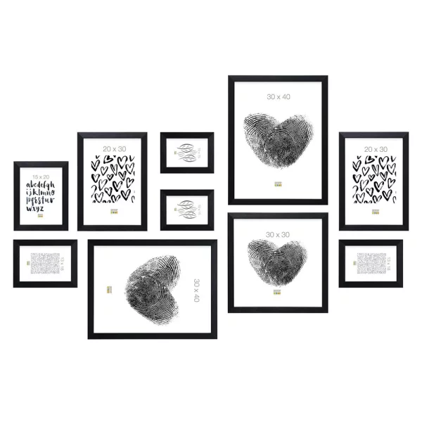 Galerie murale, 10 cadres avec règle pratique pour le montage noir | verre standard (2 mm)