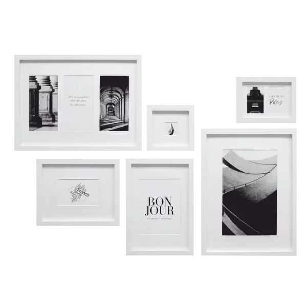 Set de cadres en bois – 6 cadres avec passe-partout blanc | verre standard (2 mm)