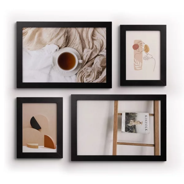Set de 4 cadres photo en MDF avec passe-partout 2x13x18 cm (10x15 cm), 2x20x30 cm (13x18 cm) | noir | verre standard (2 mm)