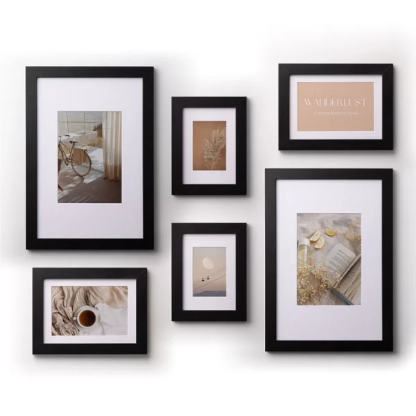 Set de 6 cadres photo en MDF avec passe-partout 2x10x15 cm (7x10cm), 2x13x18 cm (10x15cm), 2x20x30 cm (13x18cm) | noir | verre standard (2 mm)