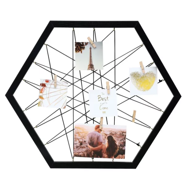 Cadre mémo hexagonal avec ficelles et agrafes 40x40 cm | noir | cadre vide (sans verre ni panneau arrière)