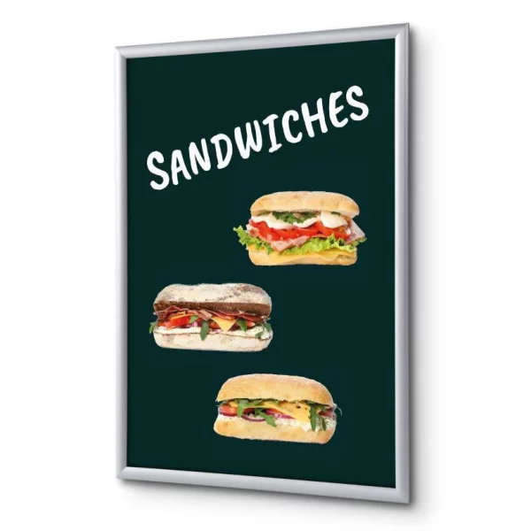 Cadre pour affiche, 25 mm, Set complet comprenant l'affiche: Sandwichs (français / anglais / espagnol) 21x29,7 cm (A4) | Anglais | verre synthétique mat (1 mm)