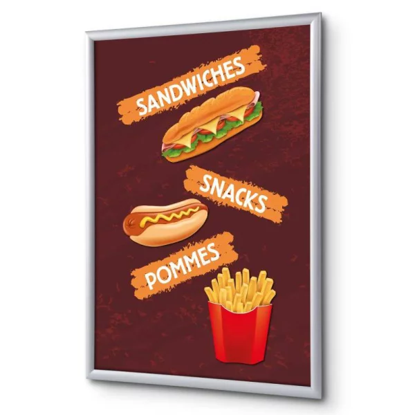 Cadre pour affiche, 25 mm, Set complet comprenant l'affiche: Collations (français / anglais / allemand / espagnol) 21x29,7 cm (A4) | Allemand | verre synthétique mat (1 mm)