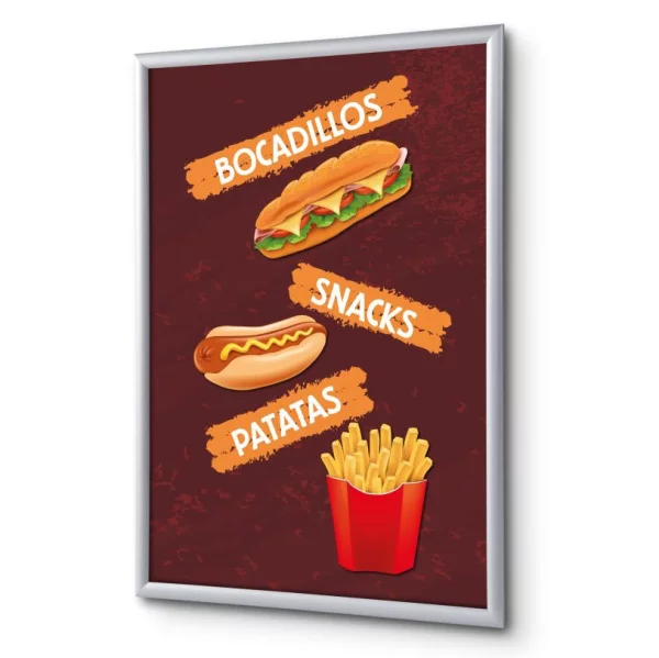 Cadre pour affiche, 25 mm, Set complet comprenant l'affiche: Collations (français / anglais / allemand / espagnol) 21x29,7 cm (A4) | Espagnol | verre synthétique mat (1 mm)