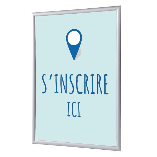 Cadre pour affiche, 25 mm, Set complet comprenant l'affiche: Rapport Ici (français / anglais / allemand / espagnol) 21x29,7 cm (A4) | Bleu - Français | verre synthétique mat (1 mm)