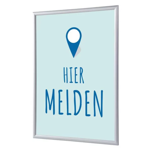 Kliklijst 25 mm, Complete Set inclusief poster: Hier Melden (Nederlands / Engels / Duits) 21x29,7 cm (A4) | Blauw - Nederlands | kunstglas, gematteerd (1 mm)