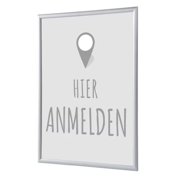 Cadre pour affiche, 25 mm, Set complet comprenant l'affiche: Rapport Ici (français / anglais / allemand / espagnol) 21x29,7 cm (A4) | Gris - Allemand | verre synthétique mat (1 mm)