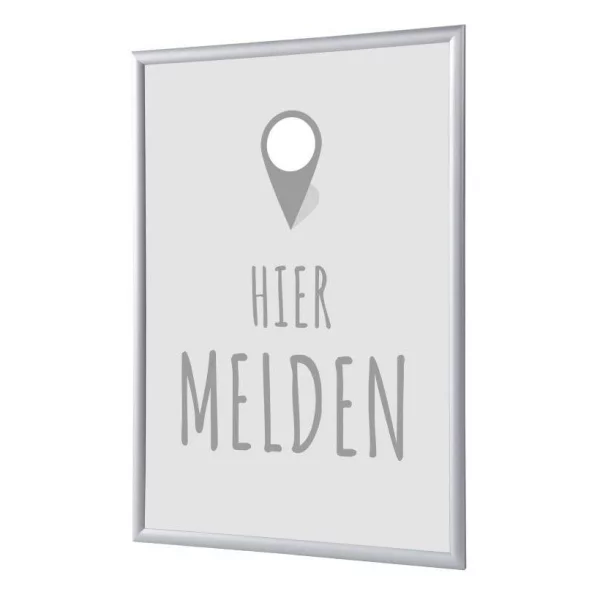 Kliklijst 25 mm, Complete Set inclusief poster: Hier Melden (Nederlands / Engels / Duits) 21x29,7 cm (A4) | Grijs - Nederlands | kunstglas, gematteerd (1 mm)