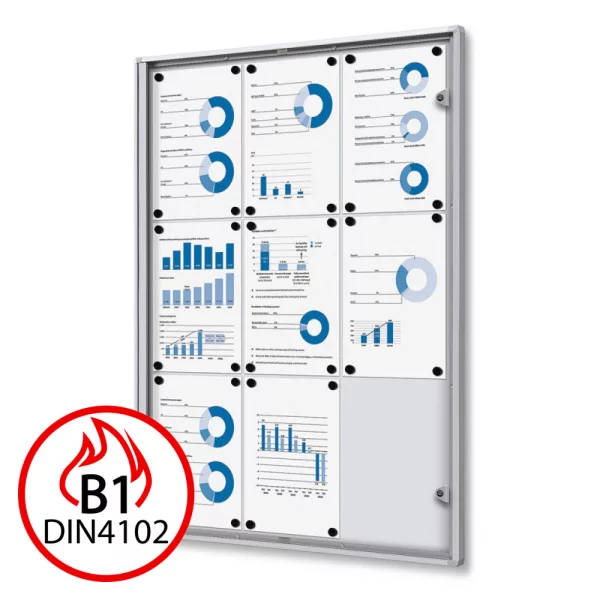 B1 Brandschutz-Schaukasten XS Economy für den Inneneinsatz 66x92,3 cm (9x A4) | silber | Acrylglas UV 90 (2 mm)