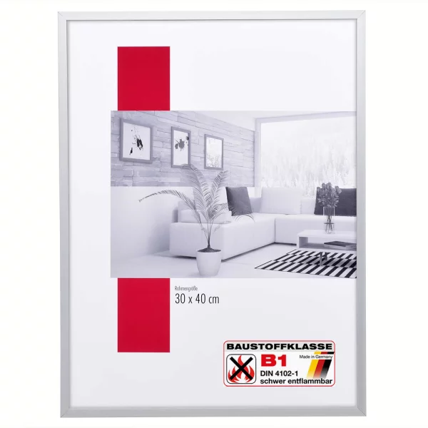 Zertifizierter Standard B1 Brandschutzrahmen Profil S2 21x29,7 cm (A4) | Silber matt | Normalglas (2 mm)