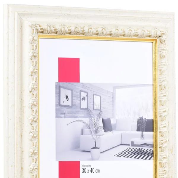 Barock-Bilderrahmen Profil 80 30x45 cm | weiß-gold | Normalglas (2 mm)