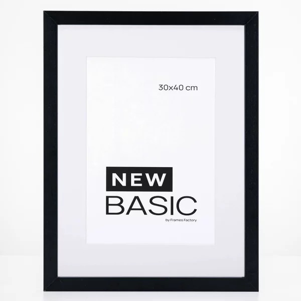 Holz-Bilderrahmen New Basic mit Passepartout 29,7x42 cm (21x29,7 cm) | Schwarz | Kunstglas (2 mm)