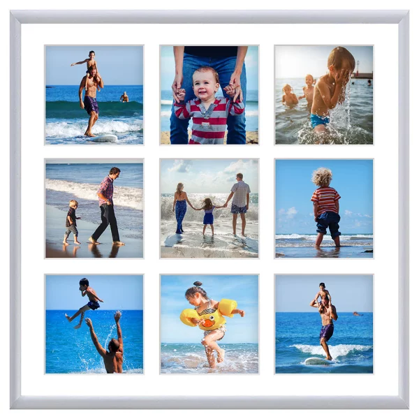 Cadre multi photos en aluminium Amelia pour 9 photos 40x40 cm (9 Bilder) | argent | verre synthétique (1 mm)