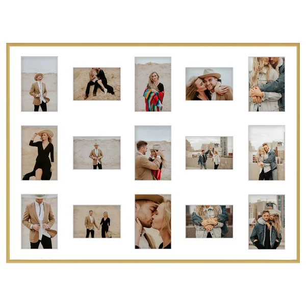 Cadre multi photos en aluminium Amelia pour 15 photos 60x80 cm (15 Bilder) | or | verre synthétique (1 mm)
