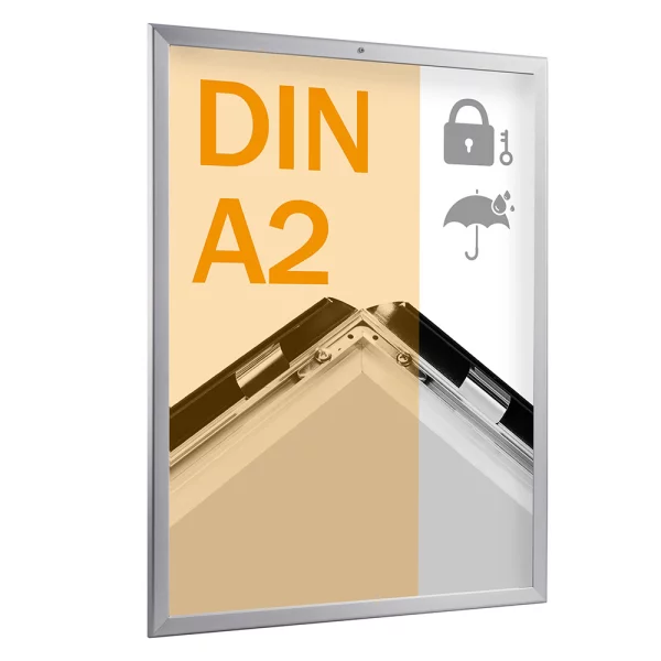 32 mm Klapprahmen, abschließbar, wetterfest 42x59,4 cm (A2) | silber | Kunstglas mattiert (1 mm)
