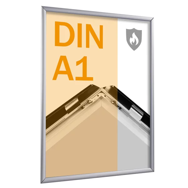 25 mm Brandschutz Klapprahmen 59,4x84,1 cm (A1) | silber | Kunstglas mattiert (1 mm)