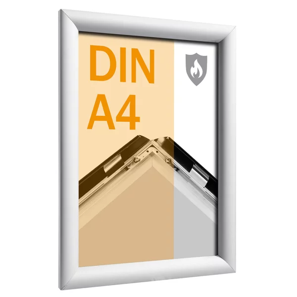 25 mm Brandschutz Klapprahmen DIN A4 21x29,7 cm (A4) | silber | Kunstglas mattiert (1 mm)