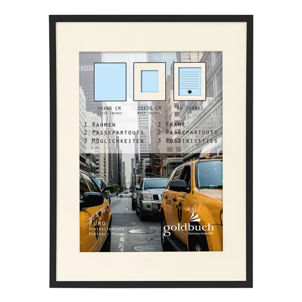 Kunststoff Bilderrahmen Puro mit Passepartout 30x40 cm (20x30 cm/DIN A4) | schwarz | Normalglas (2 mm)