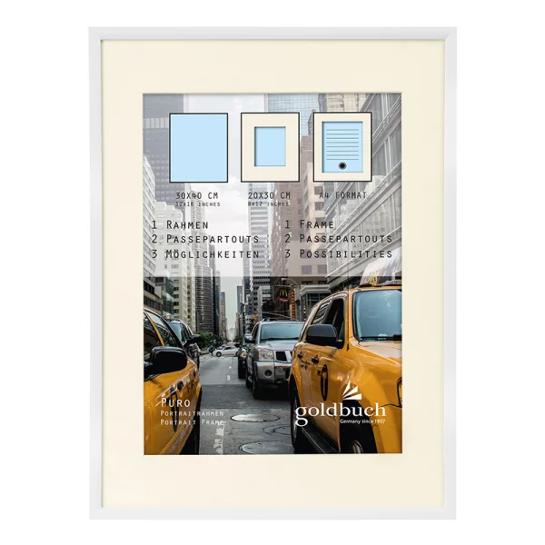 Kunststoff Bilderrahmen Puro mit Passepartout 30x40 cm (20x30 cm/DIN A4) | weiß | Normalglas (2 mm)