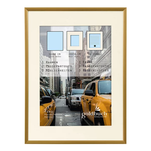 Kunststoff Bilderrahmen Puro mit Passepartout 30x40 cm (20x30 cm/DIN A4) | gold | Normalglas (2 mm)