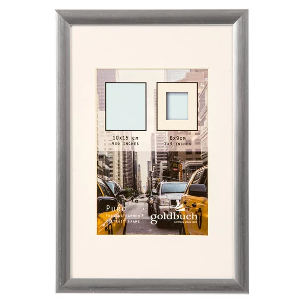 Kunststoff Bilderrahmen Puro mit Passepartout 10x15 cm (6x9 cm) | silber | Normalglas (2 mm)