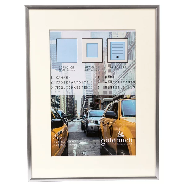 Kunststoff Bilderrahmen Puro mit Passepartout 30x40 cm (20x30 cm/DIN A4) | silber | Normalglas (2 mm)