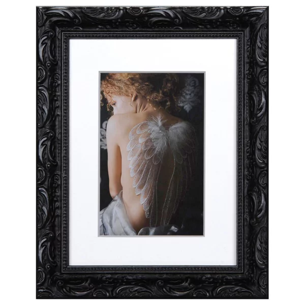 Holz-Bilderrahmen Chic Baroque mit Passepartout 15x20 cm (10x15 cm) | Schwarz | Normalglas (2 mm)
