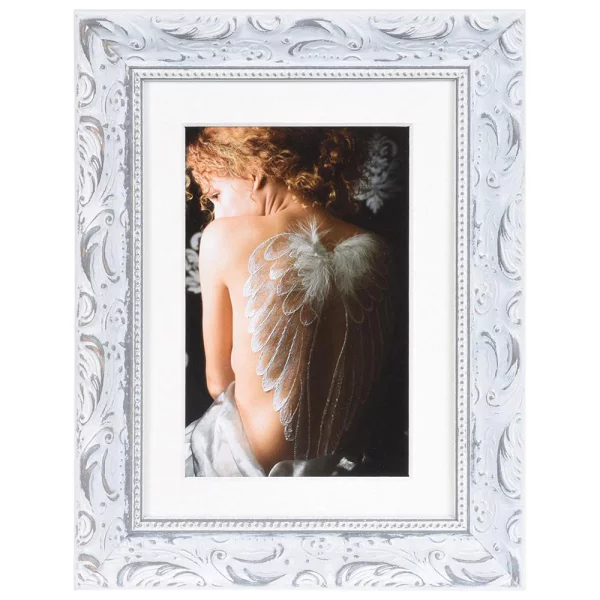 Holz-Bilderrahmen Chic Baroque mit Passepartout 13x18 cm (10x15 cm) | Weiß | Normalglas (2 mm)