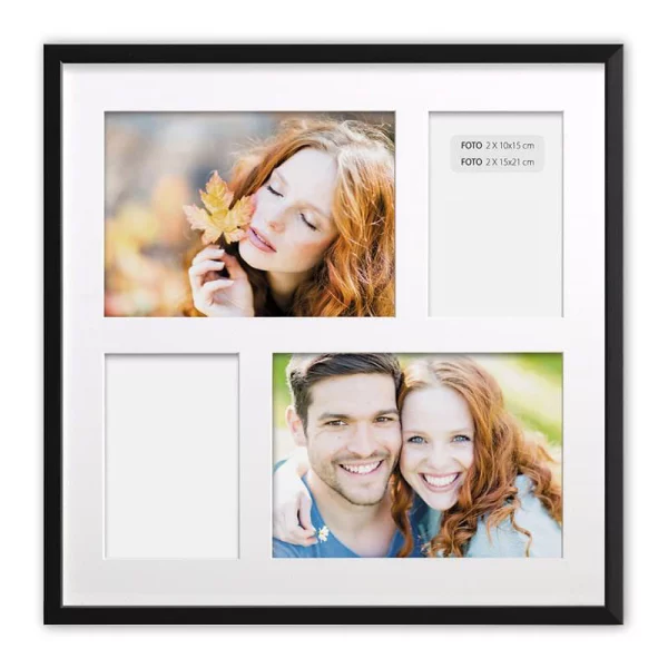 Holz Bilderrahmen Avoro für 4 Bilder 10x15 cm, 15x21 cm 2x10x15 cm, 2x15x21 cm | Schwarz | Normalglas (2 mm)