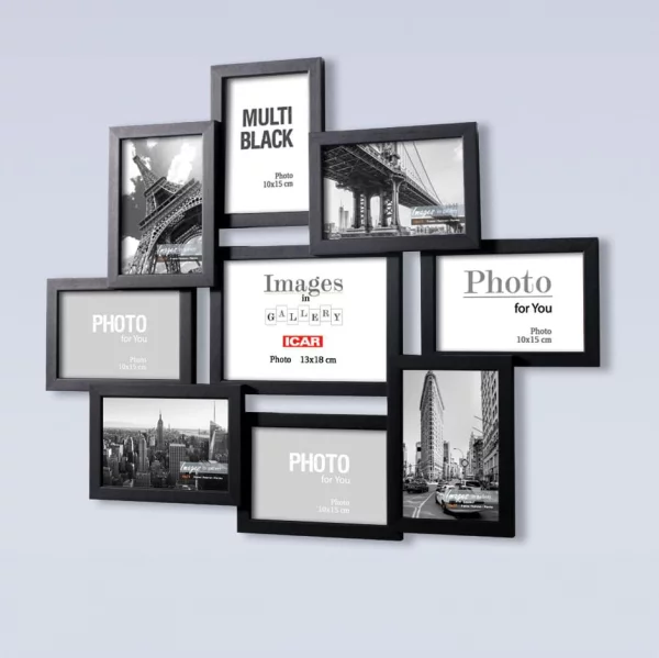 Bilderrahmen Collage aus Holz Liora für 9 Bilder 10x15 cm, 13x18 cm 8x10x15 cm, 1x13x18 cm | Schwarz | Normalglas (2 mm)