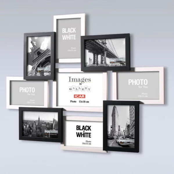 Bilderrahmen Collage aus Holz Liora für 9 Bilder 10x15 cm, 13x18 cm 8x10x15 cm, 1x13x18 cm | Schwarz-Weiß | Normalglas (2 mm)