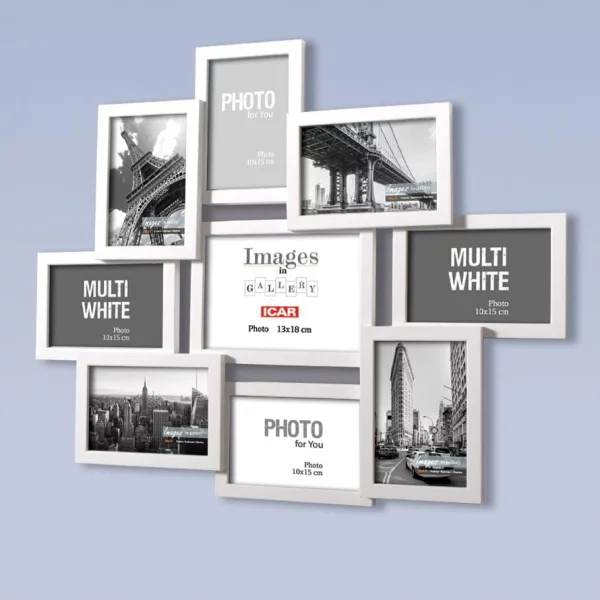 Bilderrahmen Collage aus Holz Liora für 9 Bilder 10x15 cm, 13x18 cm 8x10x15 cm, 1x13x18 cm | Weiß | Normalglas (2 mm)