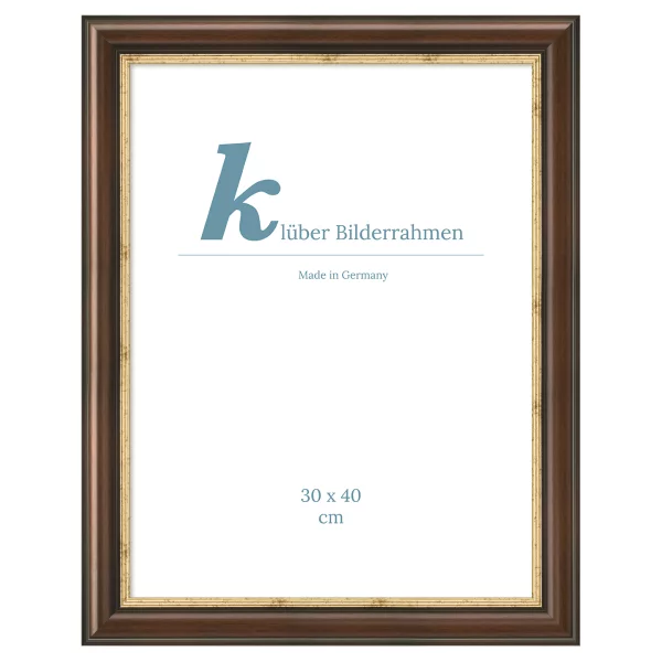 Houten lijst Almeria op maat bruin, goudrand | normaal glas (2 mm)