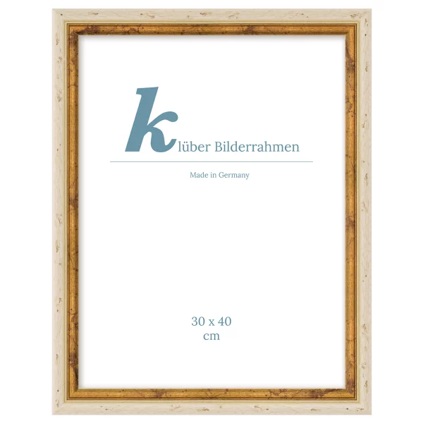Holz Bilderrahmen Rivas nach Maß Antikelfenbein, Kante Antikgold | Normalglas (2 mm)