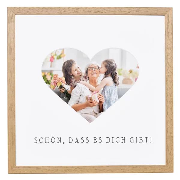 Bilderrahmen mit Herz-Passepartout & Text "Schön, dass es dich gibt!" 30x30 cm | Eiche | Normalglas (2 mm)