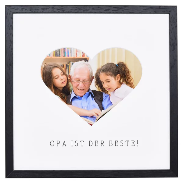 Bilderrahmen mit Herz-Passepartout & Text "Opa ist der Beste!" 30x30 cm | schwarz | Normalglas (2 mm)