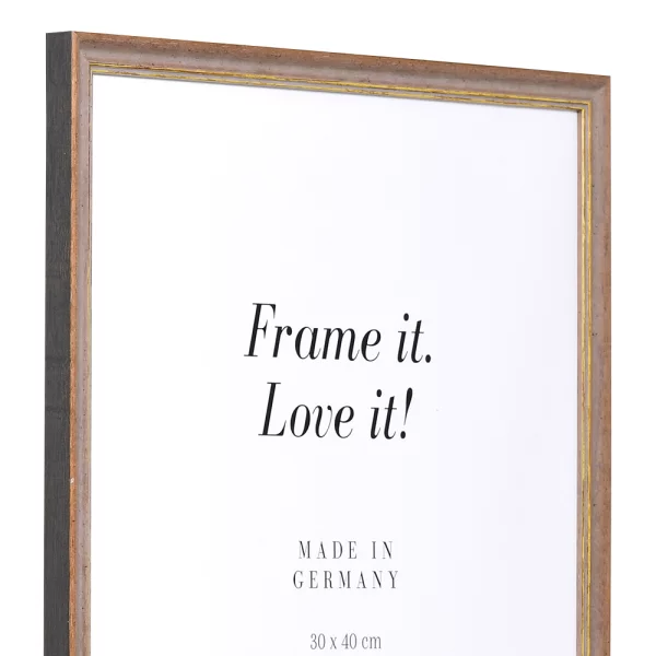 Holz Bilderrahmen Vannes 25x50 cm | nussbraun-gold | Antireflexglas mattiert (2 mm)
