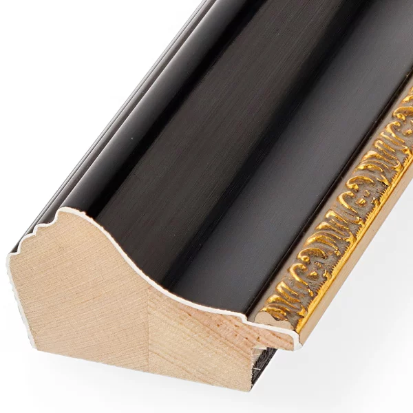 Barockrahmen Worb nach Mass schwarz glaenzend, Verzierung gold | Normalglas (2 mm)