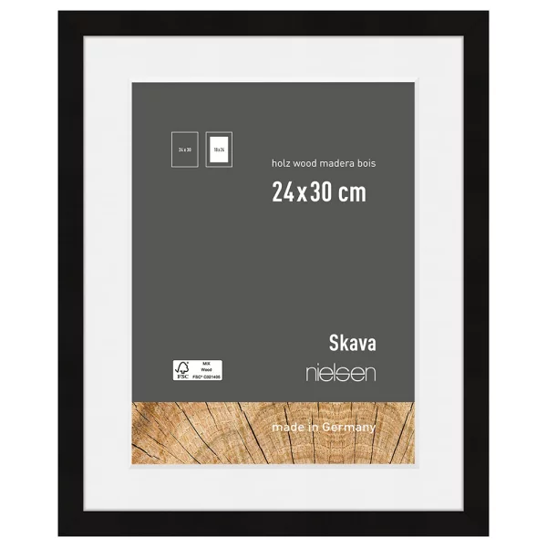 Holzrahmen Skava mit Passepartout 24x30 cm (18x24 cm) | Schwarz | Normalglas (2 mm)