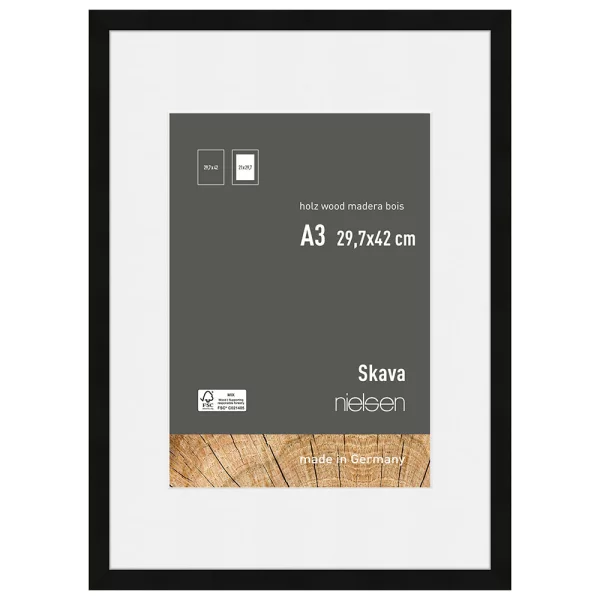 Cadre en bois Skava avec passe-partout 29,7x42 cm (21x29,7 cm) | noir | verre standard (2 mm)