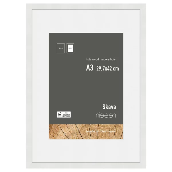 Holzrahmen Skava mit Passepartout 29,7x42 cm (21x29,7 cm) | Weiß | Normalglas (2 mm)