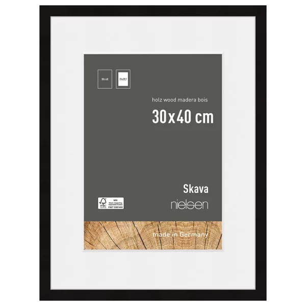 Cadre en bois Skava avec passe-partout 30x40 cm (21x29,7 cm) | noir | verre standard (2 mm)