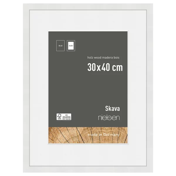 Holz-Bilderrahmen Skava mit Passepartout 30x40 cm (21x29,7 cm) | Weiß | Normalglas (2 mm)