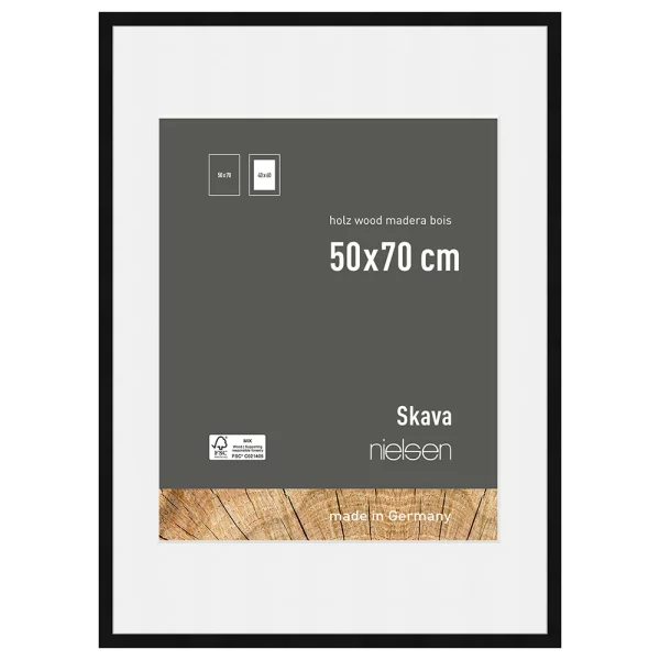Holzrahmen Skava mit Passepartout 50x70 cm (40x60 cm) | Schwarz | Normalglas (2 mm)