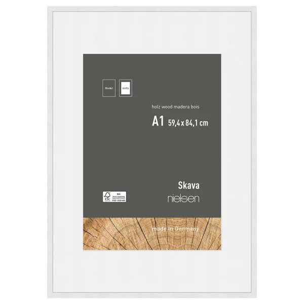 Holzrahmen Skava mit Passepartout 59,4x84,1 cm (42x59,4 cm) | Weiß | Normalglas (2 mm)