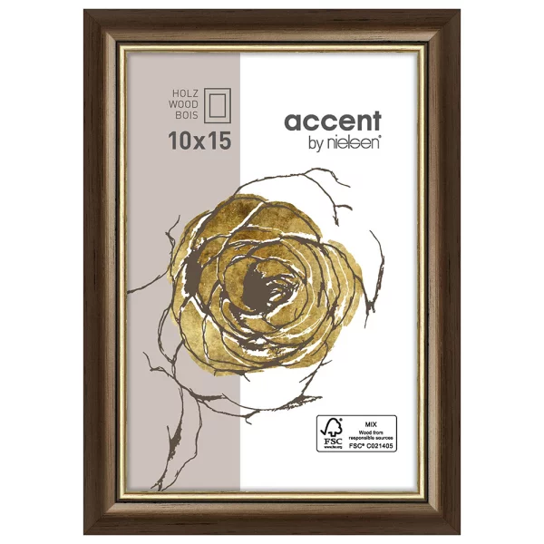 Cadre en bois Ascot 10x15 cm | brun foncé-or | verre standard (2 mm)