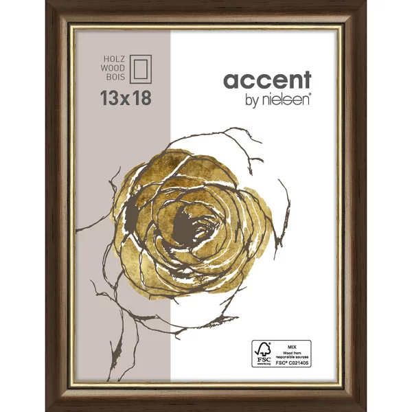 Cadre en bois Ascot 13x18 cm | brun foncé-or | verre standard (2 mm)