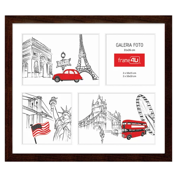Cadre multi photos Japon pour 4 photos 26x31 cm (2x 10x15 + 2x 10x10 cm) | brun foncé | verre standard (2 mm)