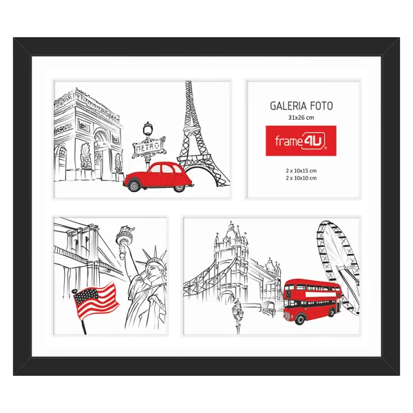 Cadre multi photos Japon pour 4 photos 26x31 cm (2x 10x15 + 2x 10x10 cm) | noir | verre standard (2 mm)